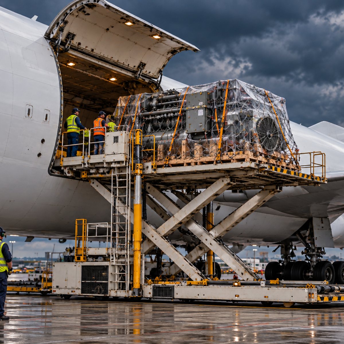 Maquinaria industrial sobredimensionada asegurada en pallet, cargada por la puerta principal de un avión carguero